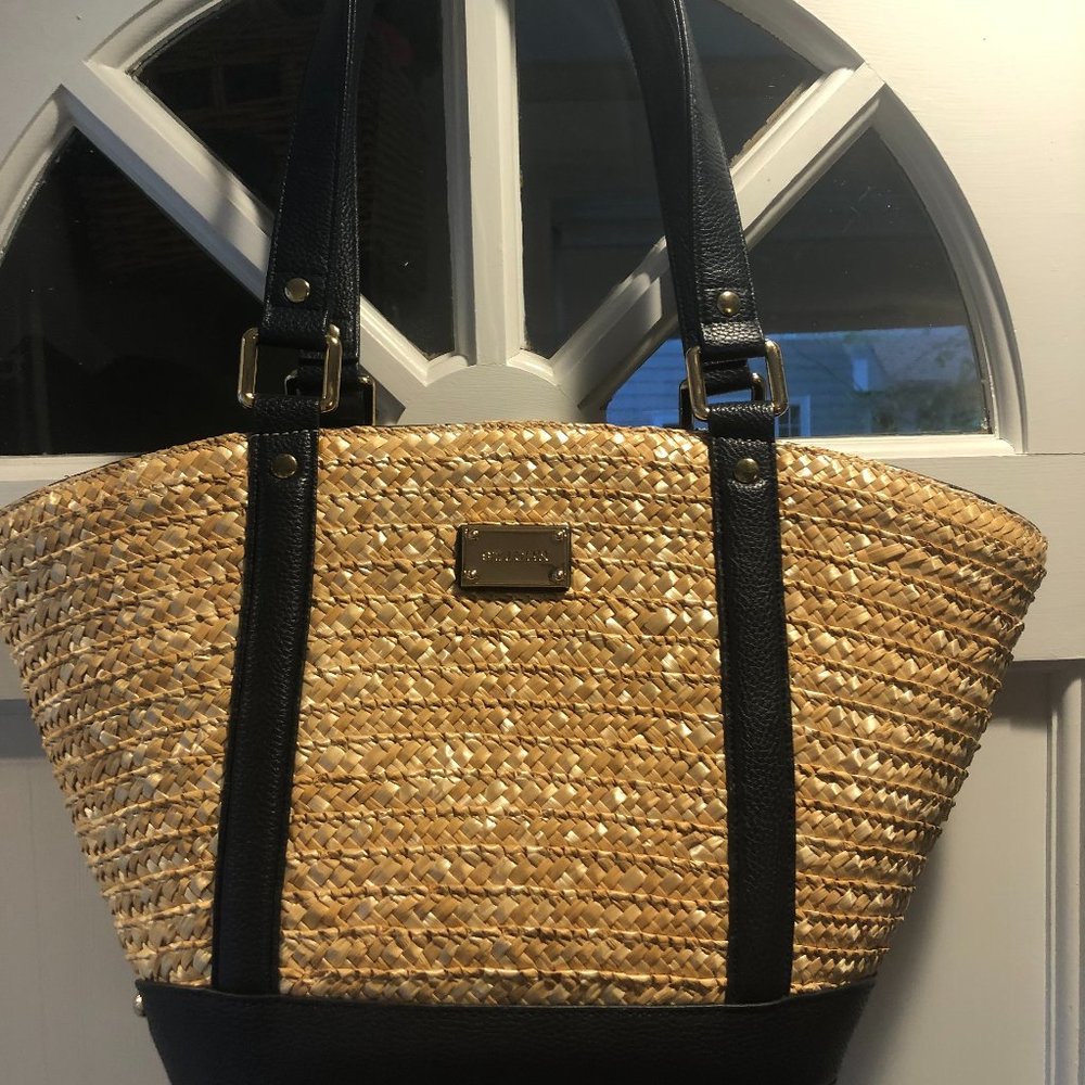 St. John Wheat Straw handbag, Tan/Navy